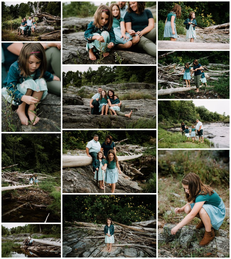 Photos of a family of four, taken during a family photo session. Landscape is in Northern Wisconsin with trees, rocks, and a fast moving river.