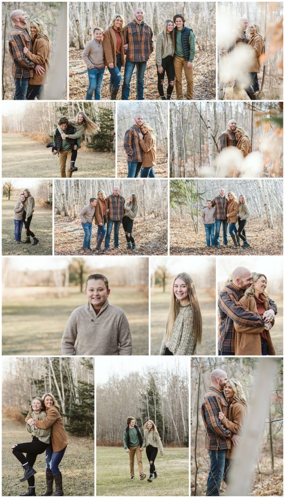 A collage of family photos. A man and woman, and their two children, along with their daughter's boyfriend. The photos show them posing, laughing, and playing outside. The background is primarily birch trees and pine trees. The leaves have fallen off the trees and the grasses are browning.